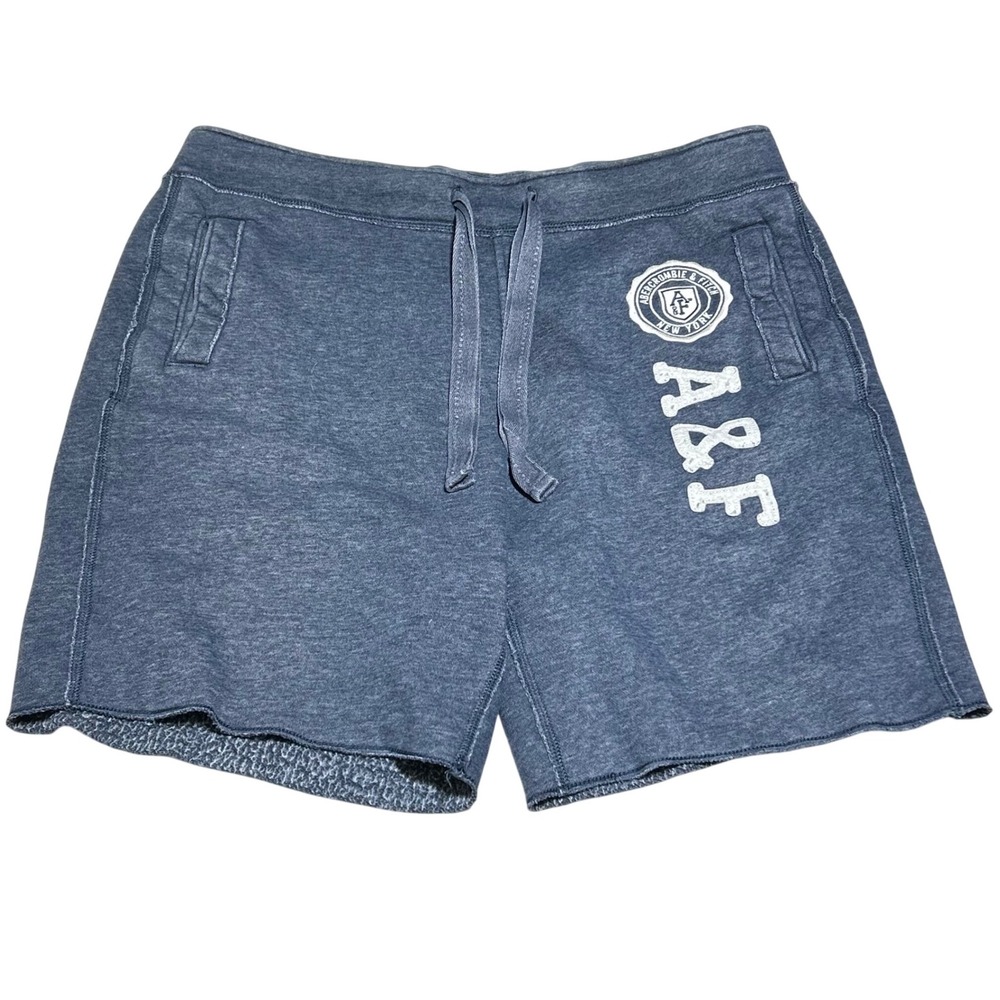 Abercrombie & Fitch Mens Blue Heathered Logo Fleece Sweat Shorts Large Raw Hem